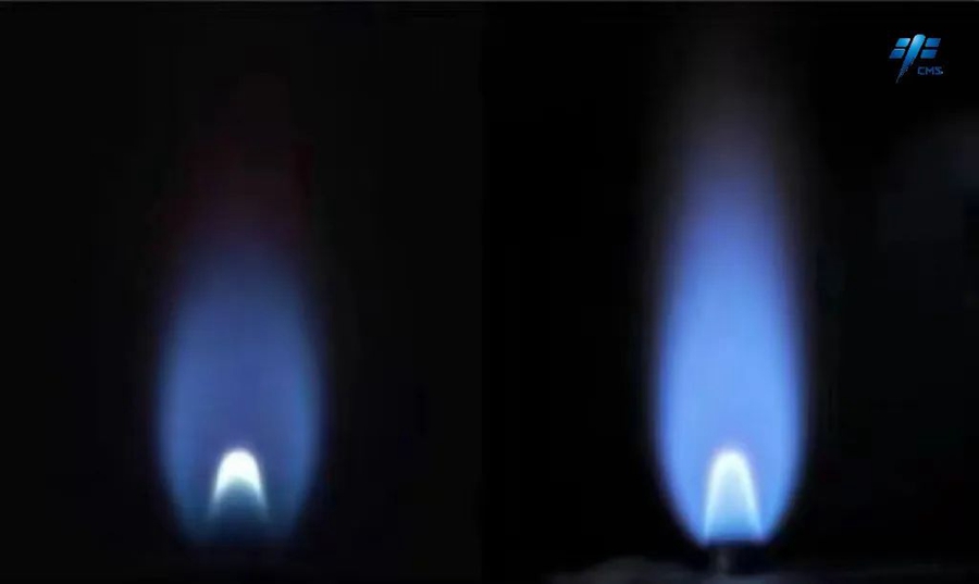 The comparison of methane burning in the space station (left) and it burning under the same conditions on Earth (right). /CMS