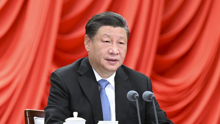 Xi Jinping, general secretary of the CPC Central Committee, also Chinese president and chairman of the Central Military Commission, addresses the meeting marking the 90th anniversary of the Party School of the CPC Central Committee and the opening ceremony of its 2023 spring semester in Beijing, China, March 1, 2023. /Xinhua