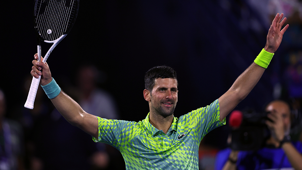 Novak Djokovic celebrates after beating Hubert Hurkacz in the Dubai Tennis Championship men's singles quarterfinal in Dubai, United Arab Emirates, March 2, 2023. /CFP