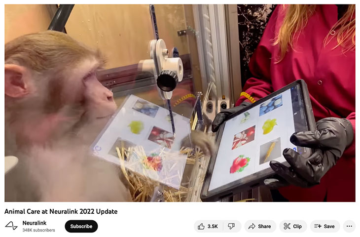 Screenshot of a YouTube video posted by Neuralink in 2022 touting what Neuralink calls humane animal care.