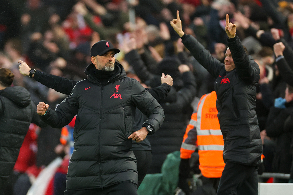 Liverpool manager Jurgen Klopp reacts after their record win over Manchester United at Anfield, Liverpool, England, March 5, 2023. /CFP