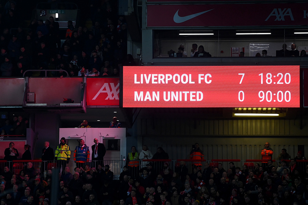 A general view of score board shows the final scoreline of Liverpool 7-0 Manchester United at Anfield, Liverpool, England, March 5, 2023. /CFP