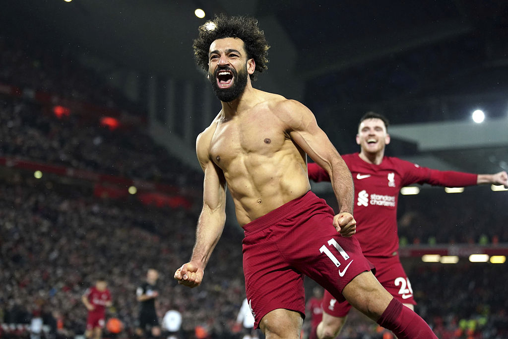 Mohamed Salah reacts after becoming Liverpool's all-time leading scorer in the Premier League with 129 goals during their clash with Manchester United at Anfield, Liverpool, England, March 5, 2023. /CFP
