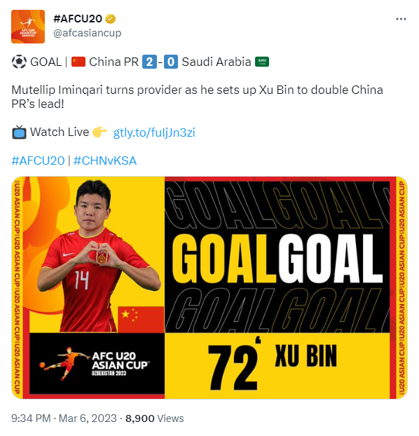 AFCU20's tweet on March 6 about the goal from Xu Bin to secure China's 2-0 victory over Saudi Arabia. /@afcasiancup
