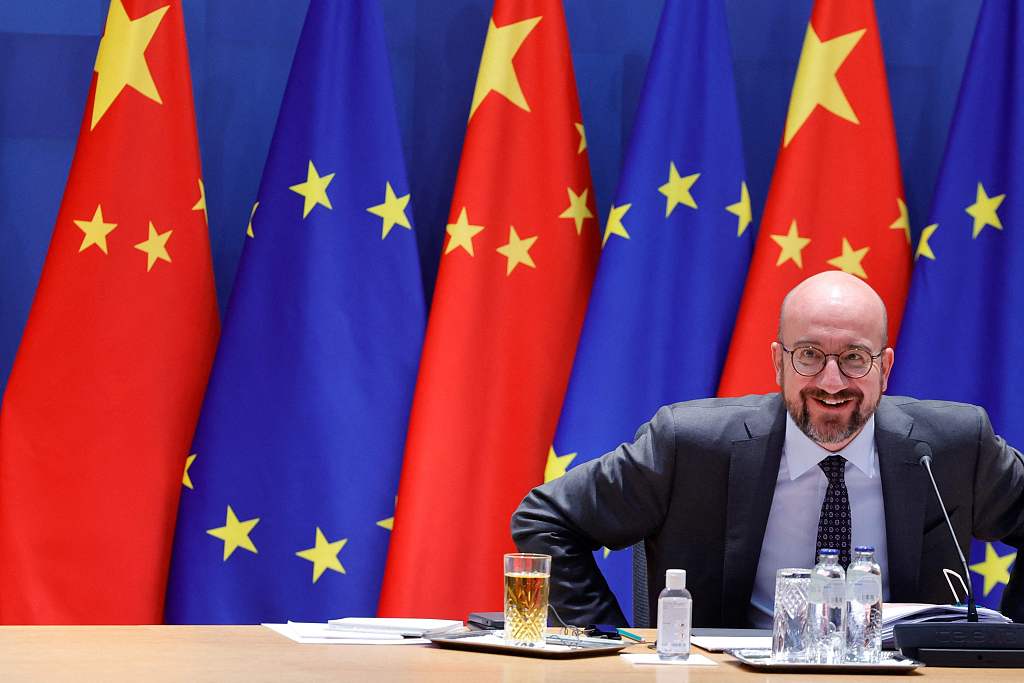 European Council President Charles Michel gets ready to take part in a summit with Chinese Premier Li Keqiang via video link at the European Council building in Brussels, Capital of Belgium, April 1, 2022. /CFP