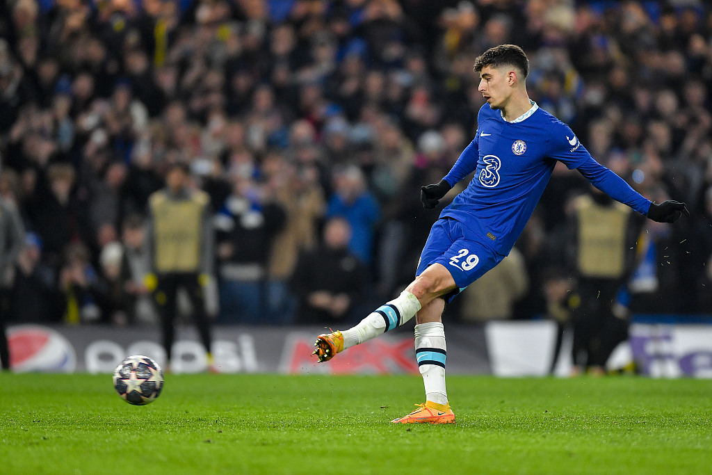 Kai Havertz of Chelsea scores his team's second goal during their Champions League clash with Dortmund at Stamford Bridge in London, England, March 7, 2023. /CFP