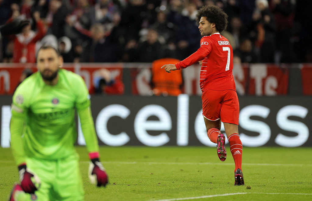 Serge Gnabry (#7) of Bayern Munich celebrates after scoring a goal in the second-leg game of the UEFA Champions League Round of 16 against Paris Saint-Germain at the Allianz Arena in Munich, Germany, March 8, 2023. /CFP