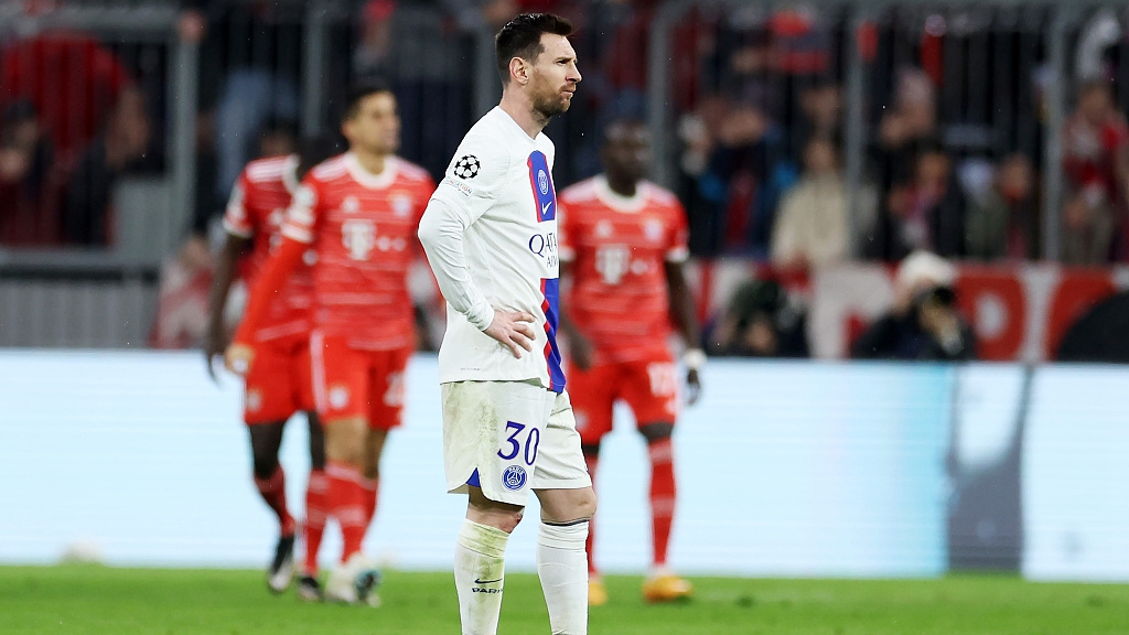 Lionel Messi of Paris Saint-Germain looks dejected after their Champions League clash with Bayern Munich at Allianz Arena in Munich, Germany, March 8, 2023. /CFP