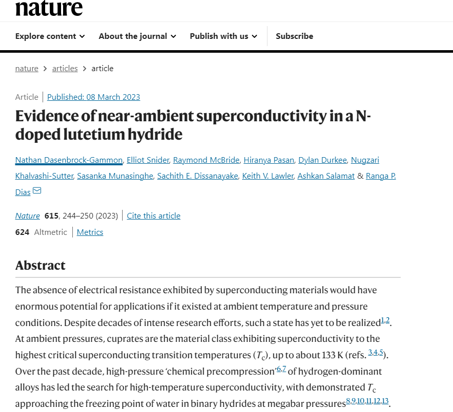 A screenshot of the paper about near-ambient superconductivity published in the international academic journal Nature on Wednesday, March 8, 2023. /Nature