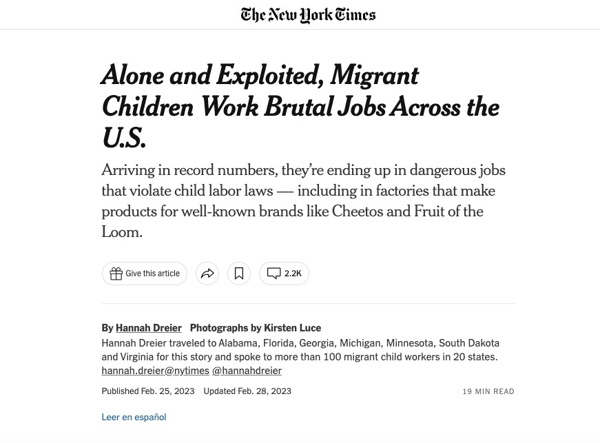 A screenshot of a New York Times article about migrant child workers in the U.S. published on February 25, 2023. /The New York Times
