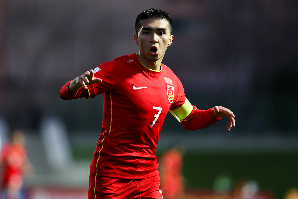 China captain Aifeierding Aisikaer in action during their U20 Asian Cup clash with Kyrgyzstan at the JAR Stadium in Tashkent, Uzbekistan, March 9, 2023. /CFP