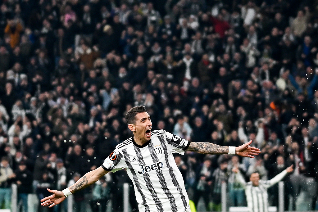 Angel Di Maria of Juventus celebrates after scoring a goal during the first leg of the Europa League round of 16 match between Juventus and Freiburg at Allianz Stadium in Turin, Italy March 9, 2023.  /CFP