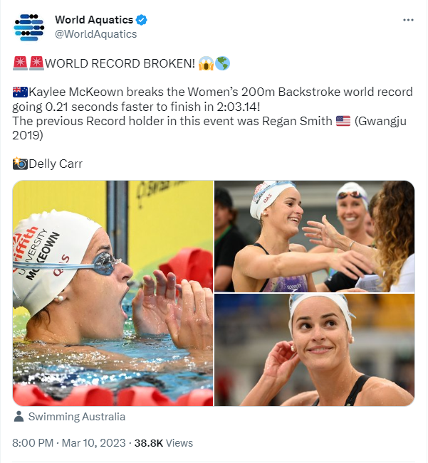 World Aquatics' tweet on March 10 about the new world record set by Australian Kaylee McKeown. /@WorldAquatics 