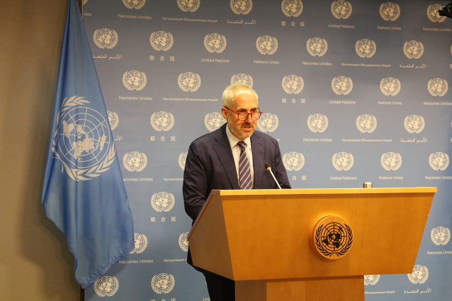 Stephane Dujarric, spokesman for UN Secretary-General Antonio Guterres, speaks during a daily news briefing at the UN headquarters in New York, U.S., August 26, 2020. /Xinhua