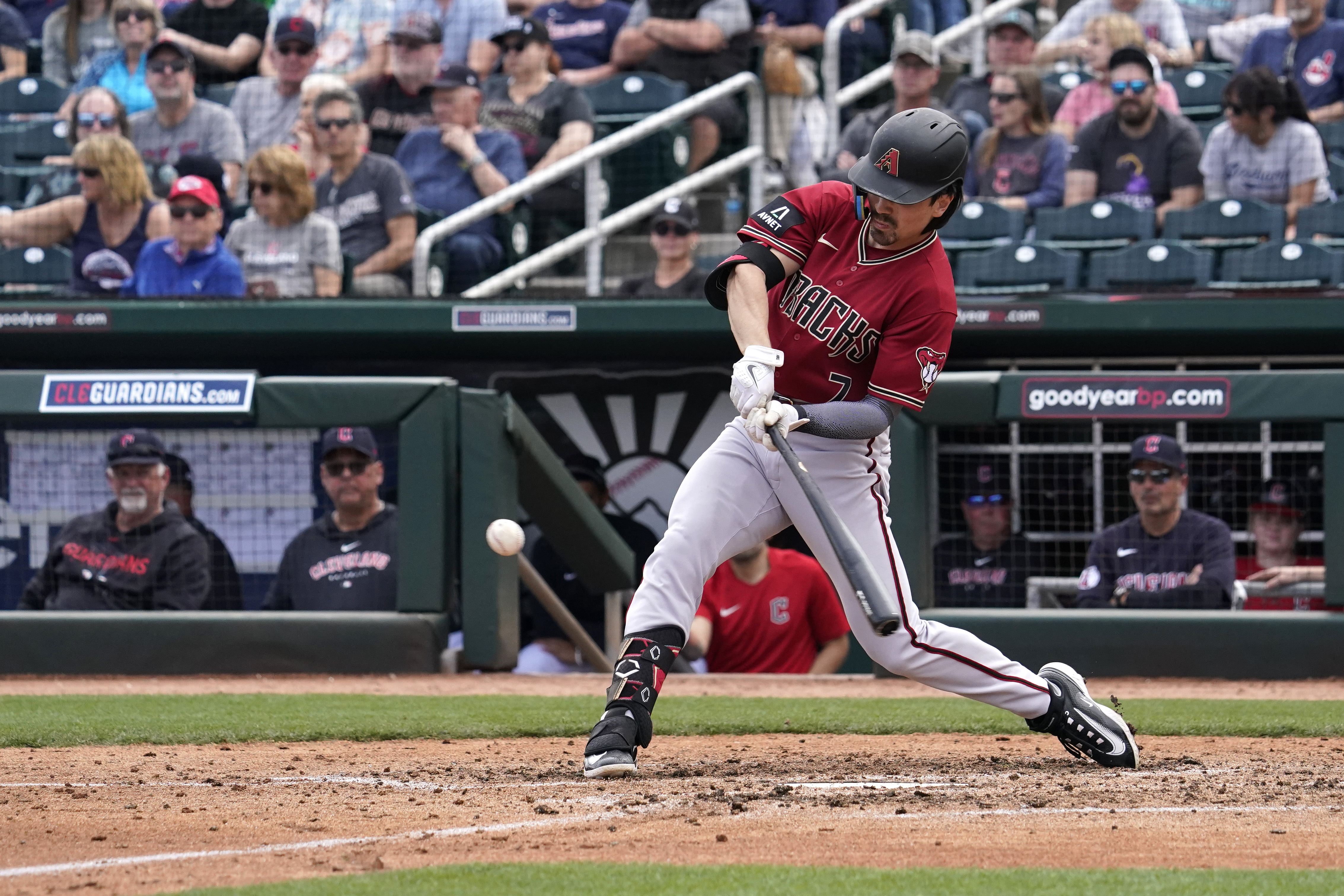 Outfielder Corbin Carroll of the Arizona Diamondbacks hits during the forth inning in the game against the Cleveland Guardians at Goodyear Ballpark in Goodyear, Arizona, March 5, 2023. /CFP 