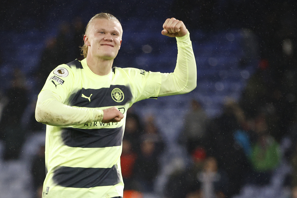 Erling Haaland of Manchester City celebrates their victory during the Premier League match between Crystal Palace and Manchester City at Selhurst Park stadium in London, England, March 11, 2023. /CFP