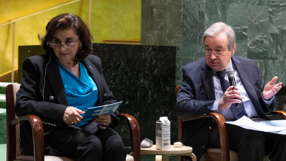 UN Secretary-General Antonio Guterres (R) speaks at a townhall meeting with civil society at the 67th session of the Commission on the Status of Women at the UN headquarters in New York City, March 13, 2023. /Xinhua