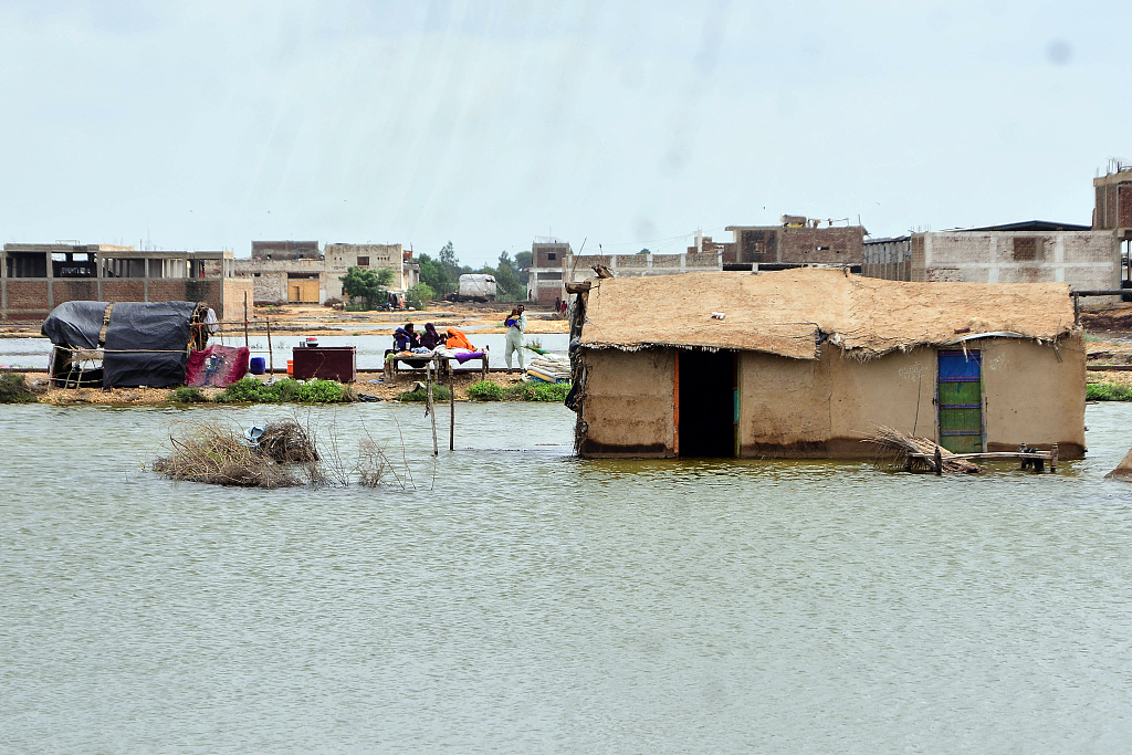 A view of submerged houses following a flash flood in Tando Muhammad Khan district, southern Sindh province, Pakistan, August 28, 2022. /CFP
