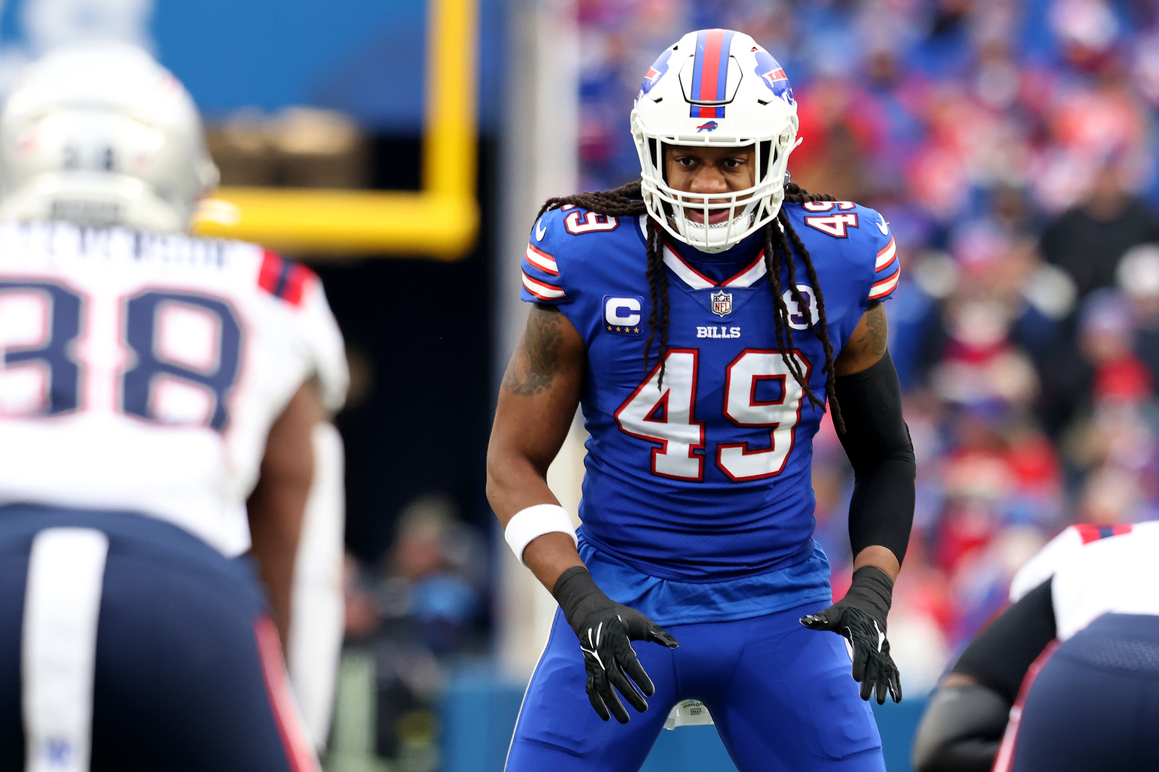 Linebacker Tremaine Edmunds (#49) of the Buffalo Bills looks on in the game against the New England Patriots at Highmark Stadium in Orchard Park, New York, January 8, 2023. /CFP 