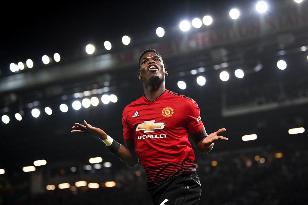 Paul Pogba reacts after he scores Manchester United's second goal during their Premier League clash with Bournemouth at Old Trafford in Manchester, England, December 30, 2018. /CFP