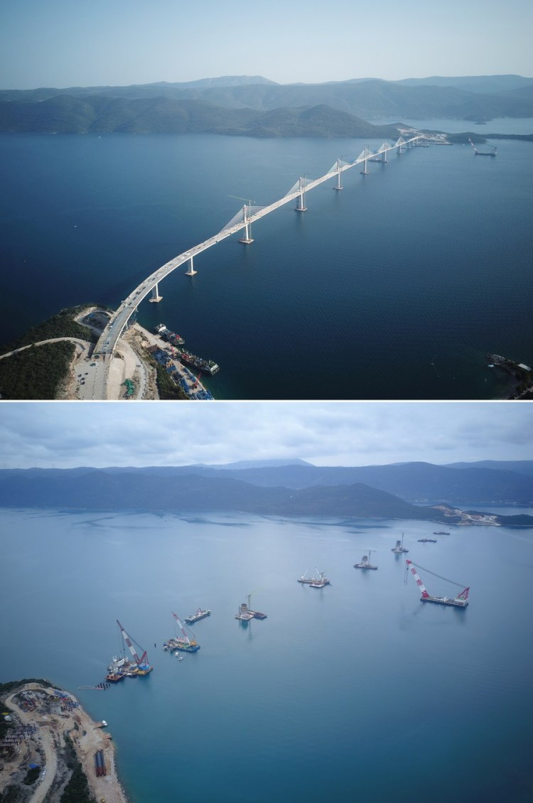 Combo aerial photo shows the Peljesac Bridge after its final connection (up, taken on July 29, 2021) and during construction (down, taken on February 1, 2020) at Mali Ston Bay near Komarna of southern Croatia. /Xinhua