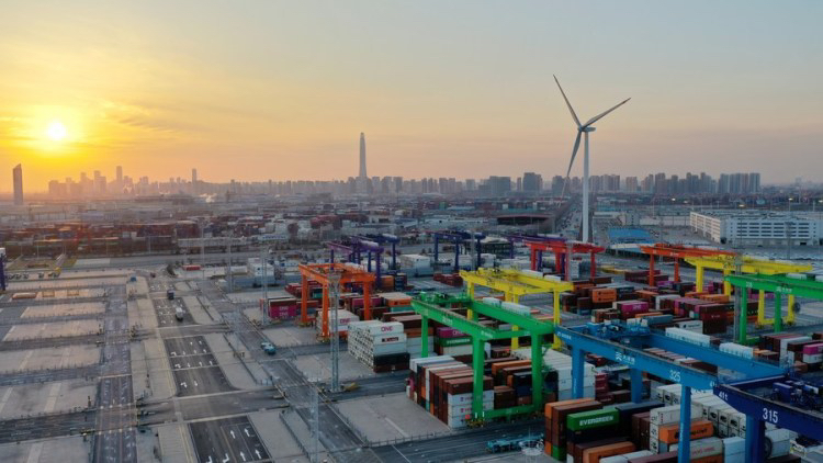 This aerial photo shows the full Internet of Things container terminal of Tianjin Port in north China's Tianjin, February 21, 2023. /Xinhua