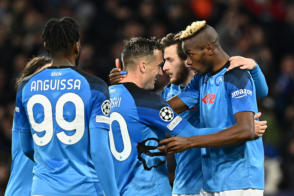 Napoli players celebrate during their Champions League clash with Frankfurt at Stadio Diego Armando Maradona in Naples, Italy, March 15, 2023. /CFP