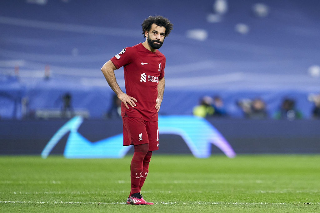 Mohamed Salah of Liverpool reacts after their Champions League clash with Real Madrid at the Santiago Bernabeu stadium in Madrid, Spain, March 15, 2023. /CFP