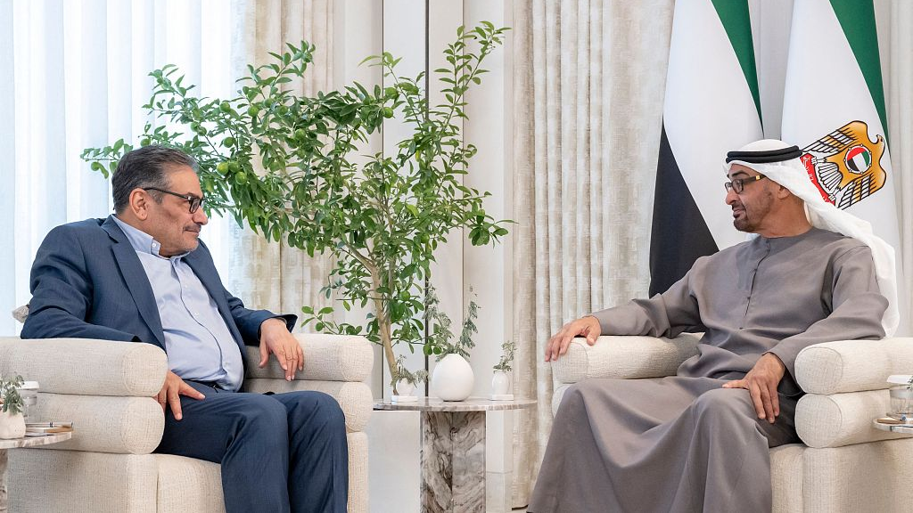A handout picture released by the Emirati presidency shows Emirati President Sheikh Mohamed bin Zayed al-Nahyan (R) during a meeting with the Secretary of Iran's Supreme National Security Council Ali Shamkhani in Abu Dhabi on March 16, 2023. /CFP