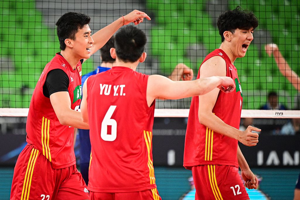 Players of China celebrate after scoring in the match against Italy in the FIVB Volleyball Men's World Championship at the Arena Stozice in Ljubljana, Slovenia, August 31, 2022. /CFP