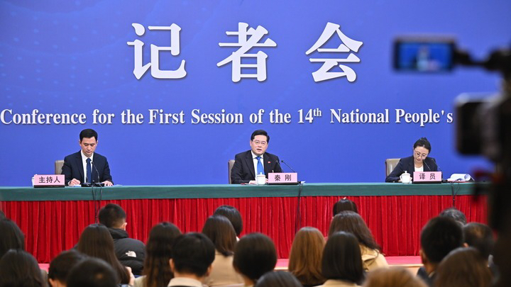 Chinese Foreign Minister Qin Gang (C, rear) attends a press conference on China's foreign policy and foreign relations on the sidelines of the first session of the 14th National People's Congress (NPC) in Beijing, capital of China, March 7, 2023. /Xinhua
