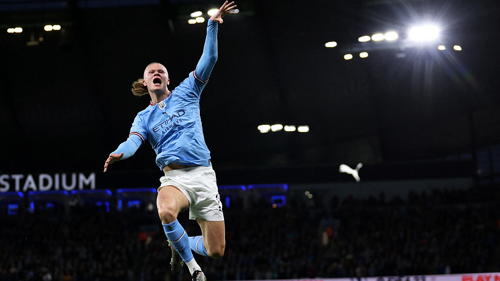 Erling Haaland of Manchester City celebrates during his team's FA Cup clash with Burnley at the Etihad Stadium in Manchester, England, March 18, 2023. /CFP
