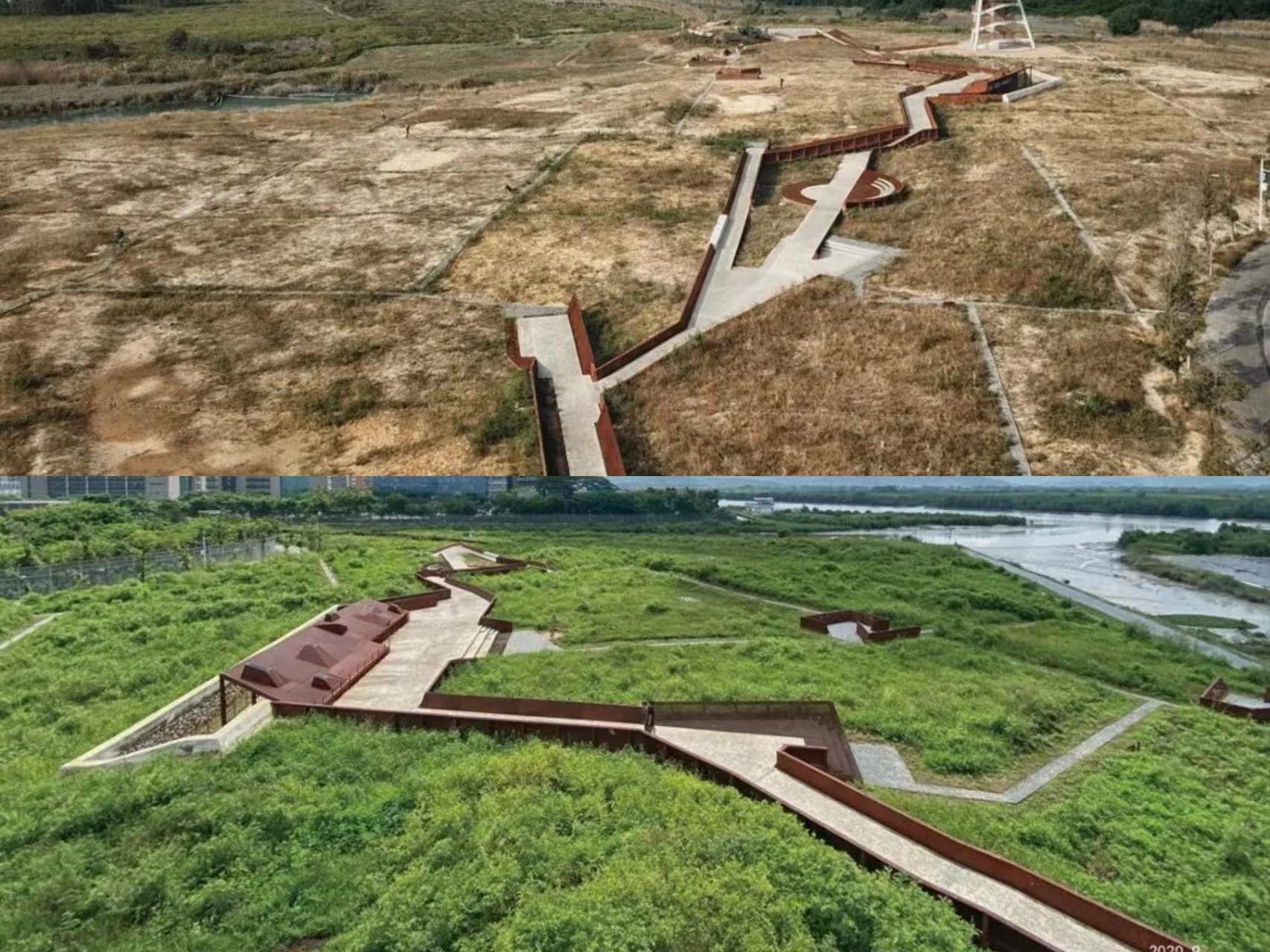 A comparison of the park before (upper) and after it was built. 