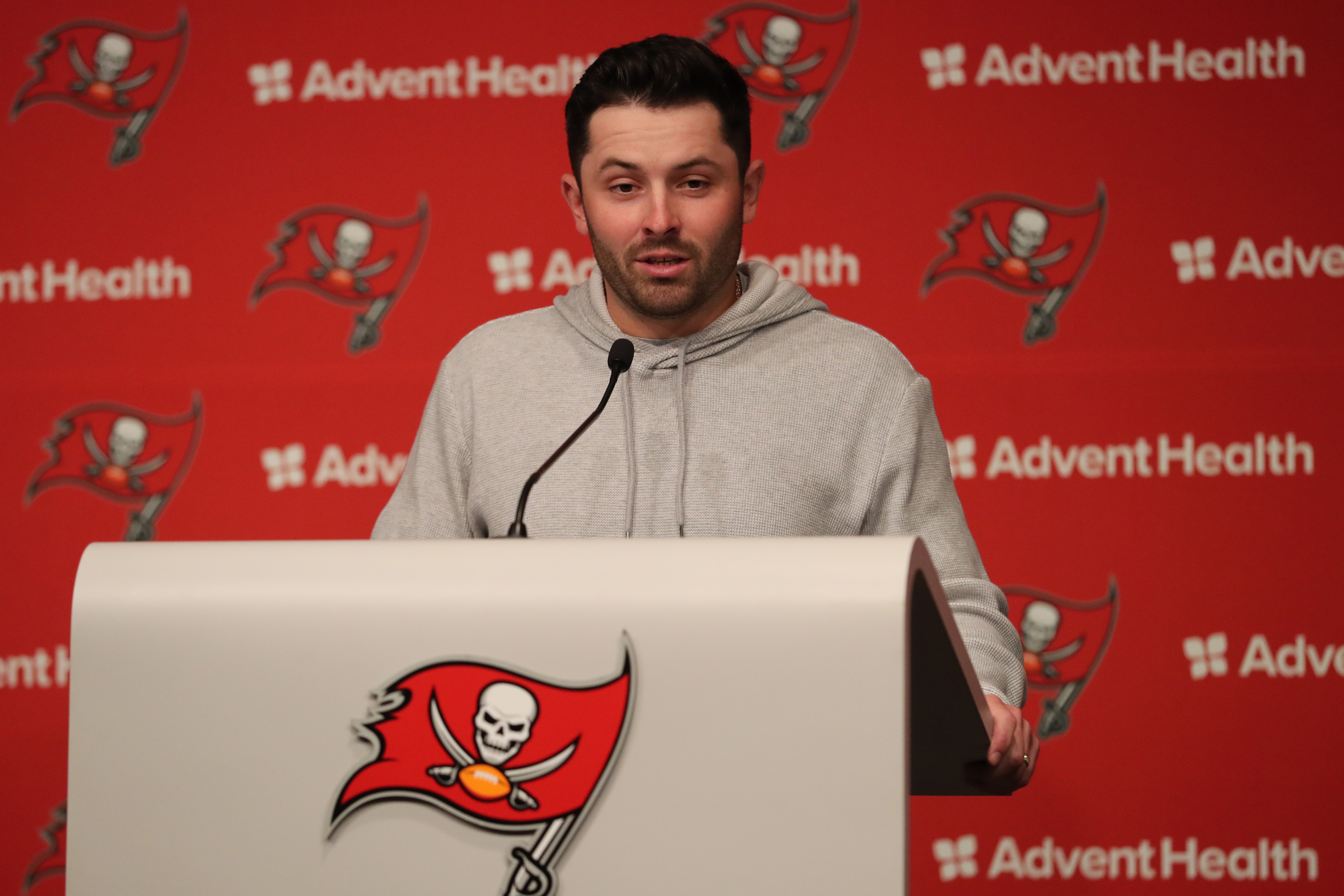 Quarterback Baker Mayfield of the Tampa Bay Buccaneers speaks at the press conference at the AdventHealth Training Center in Tampa, Florida, March 20, 2023. /CFP