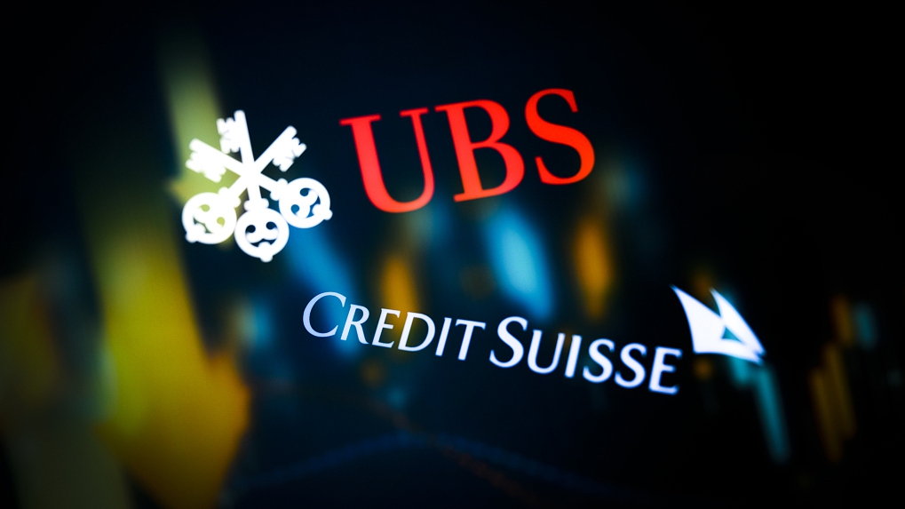 UBS Group and Credit Suisse logos in a photo illustration. /CFP