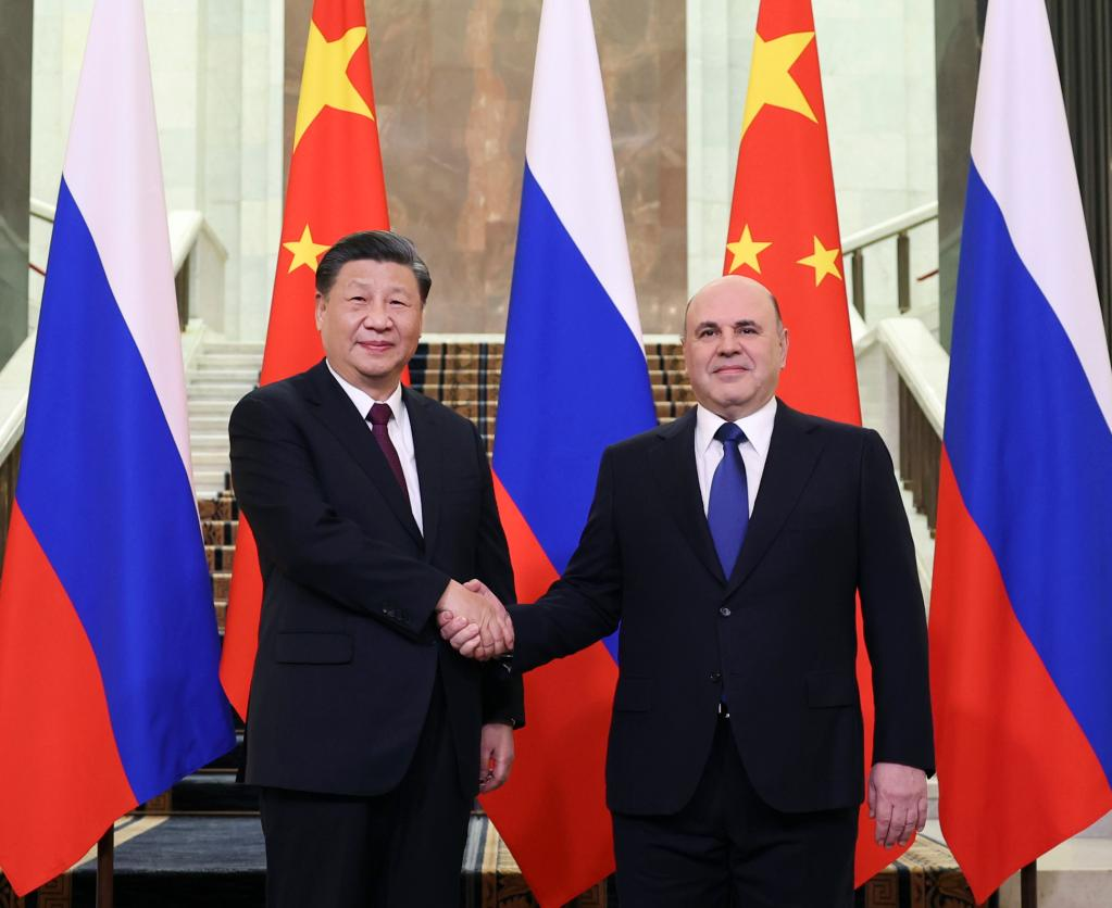 Chinese President Xi Jinping meets with Russian Prime Minister Mikhail Mishustin in Moscow, Russia, March 21, 2023. /Xinhua