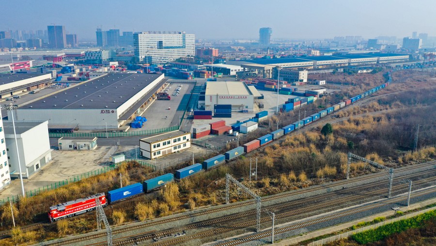 Aerial photo showing the first China-Europe freight train linking St. Petersburg of Russia with Chengdu departing the Chengdu International Railway Port in Chengdu, southwest China's Sichuan Province, Feb. 21, 2021. /Xinhua