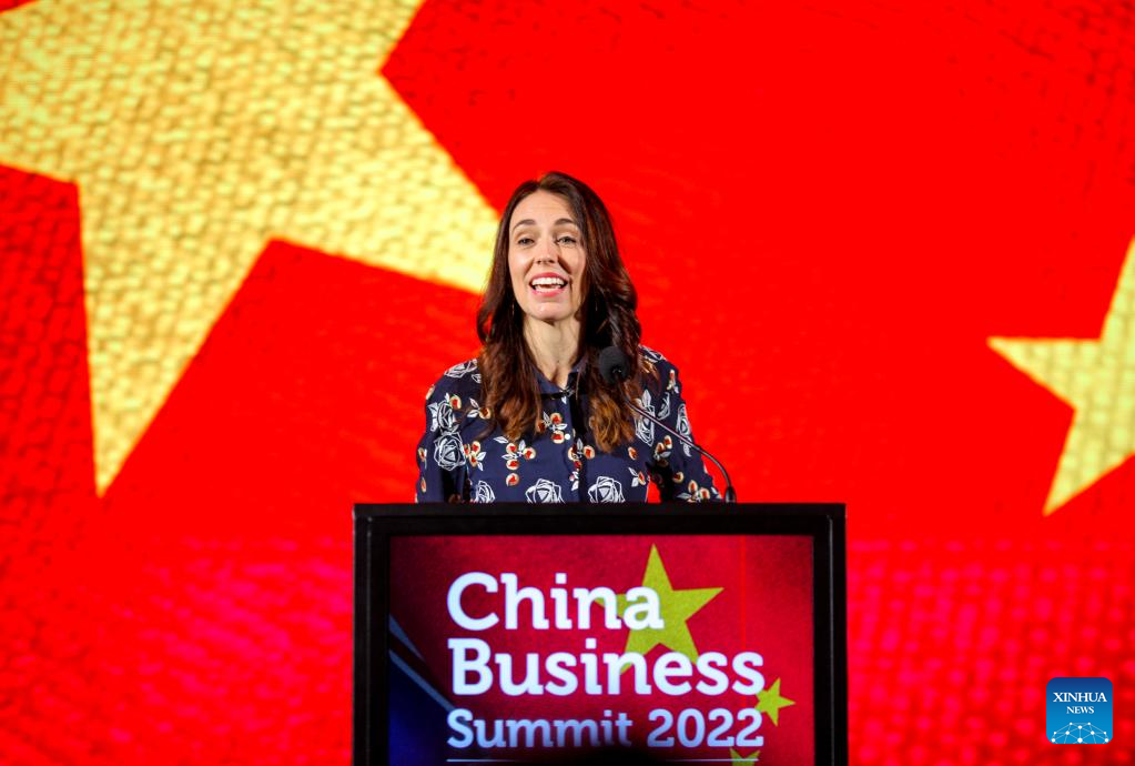New Zealand Prime Minister Jacinda Ardern speaks at the annual China Business Summit in Auckland, New Zealand, August 1, 2022. /Xinhua