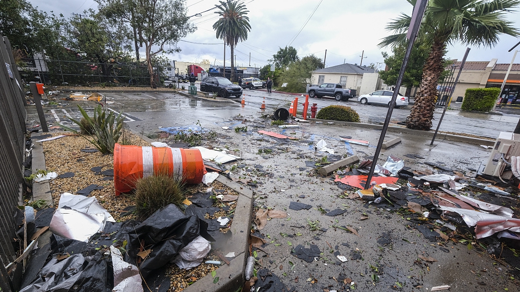 Debris is seen after a strong microburst damaged several buildings, Montebello, California, March 22, 2023. /CFP