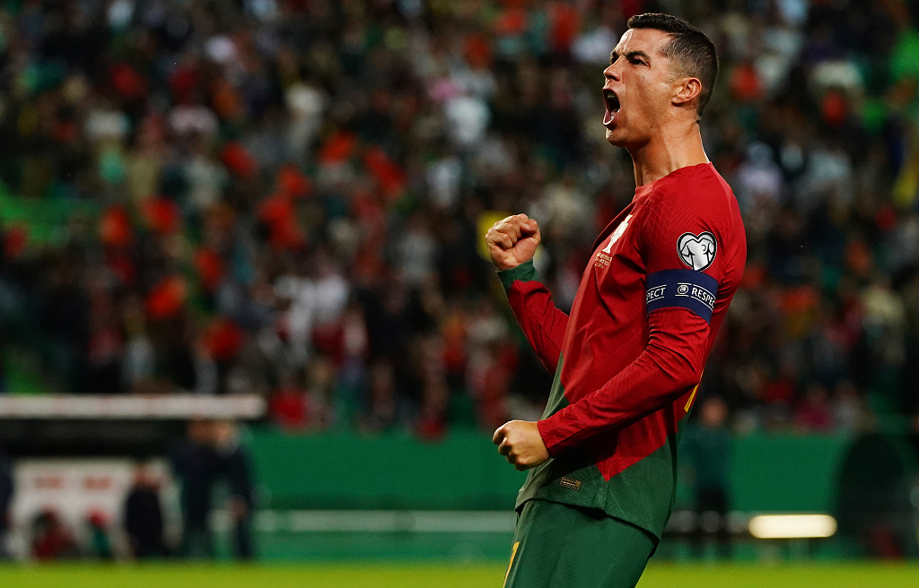 Cristiano Ronaldo of Portugal celebrates after scoring the penalty during his team's clash with Liechtenstein at Estadio Jose Alvalade in Lisbon, Portugal, March 23, 2023. /CFP