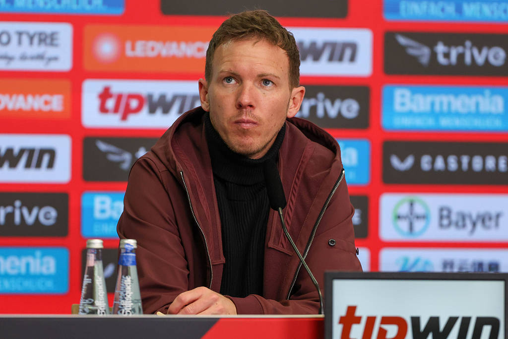 Julian Nagelsmann, manager of Bayern Munich, attends the post-game press conference after the 2-1 Bundesliga loss to Bayer Leverkusen at the BayArena in Leverkusen, Germany, March 19, 2023. /CFP