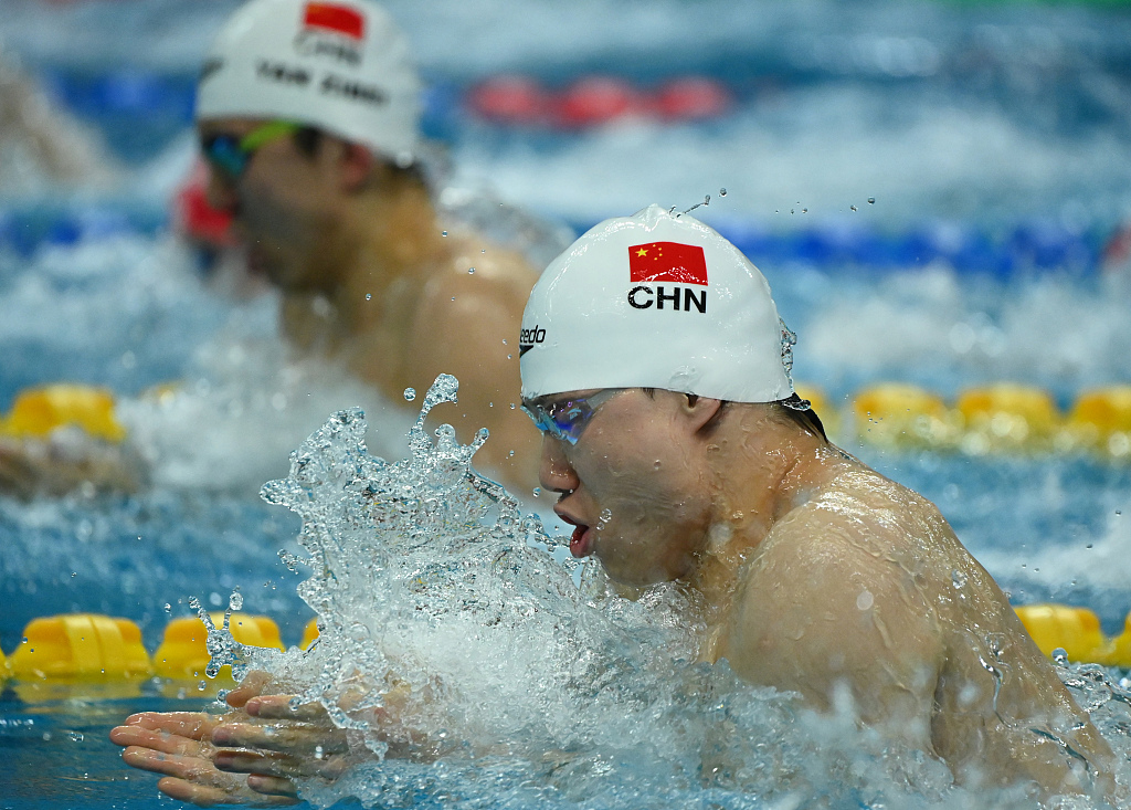 Qin Haiyang competes in the final of the men's 50m breaststroke at the Chinese national spring swimming championships in Qingdao, Shandong Province, China, March 24, 2023. /CFP