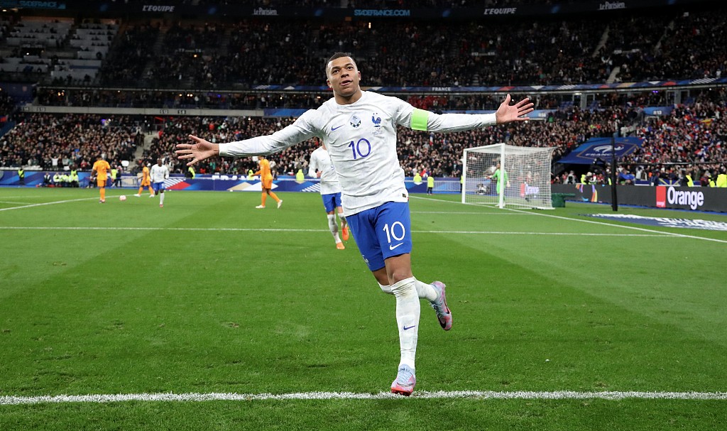 Kylian Mbappe of France celebrates after scoring a goal against the Netherlands during their Euro 2024 qualifier at the Stade de France in Paris, France, March 24, 2023. /CFP
