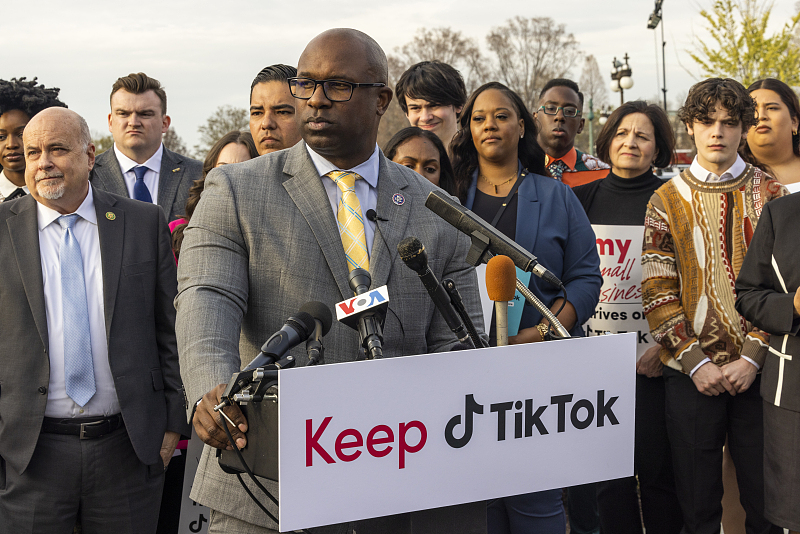 The U.S. representative for New York's 16th congressional district Jamaal Bowman speaks as TikTok content creators gather to voice their opposition to a potential ban on the app in Washington D.C., U.S., March 22, 2023. /CFP