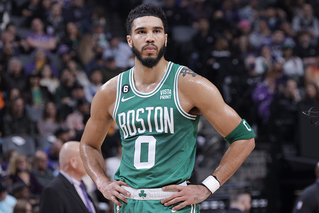 Jayson Tatum of the Boston Celtics looks on in the game against the Sacramento Kings at the Golden 1 Center in Sacramento, California, March 21, 2023. /CFP