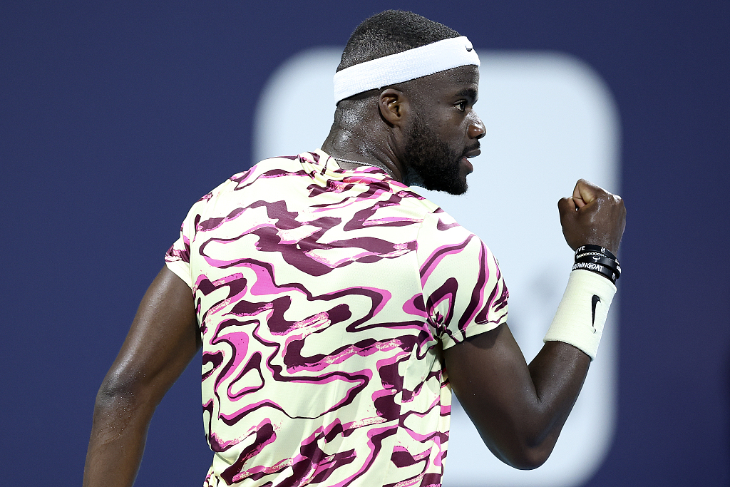 Frances Tiafoe of the United States celebrates a point during the match against Yosuke Watanuki of Japan during the Miami Open in Florida, U.S., March 25, 2023. /CFP