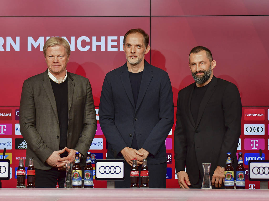 L-R: Bayern Munich CEO Oliver Kahn, Manager Thomas Tuchel and Sporting Director Hasan Salihamidzic attend a press conference at Allianz Arena in Munich, Germany, March 25, 2023. /CFP