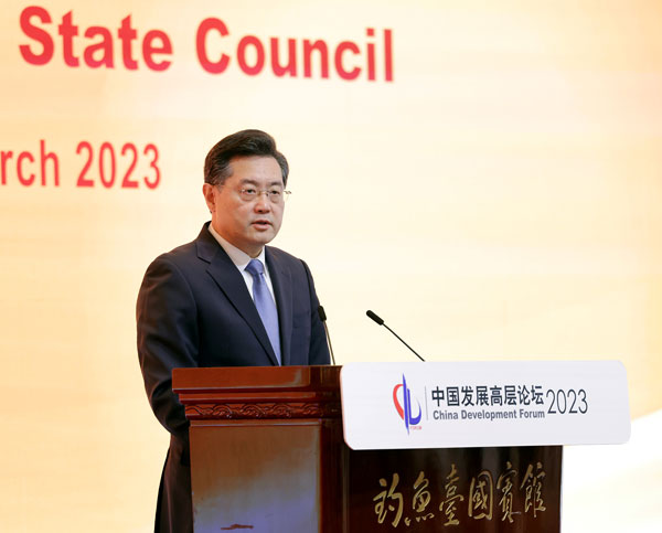 Chinese State Councilor and Foreign Minister Qin Gang speaks during the annual meeting of the China Development Forum 2023 in Beijing, China, March 27, 2023. /Chinese Foreign Ministry