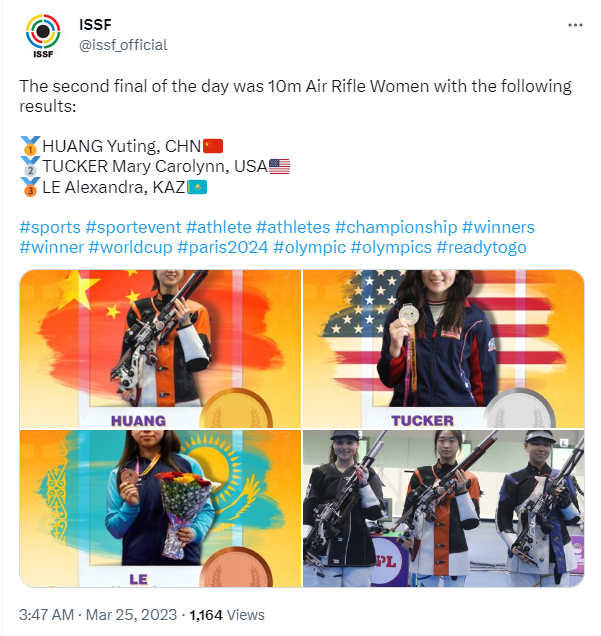 ISSF's tweet on March 25 about medalists in the women's 10m air rifle event. /@issf_official