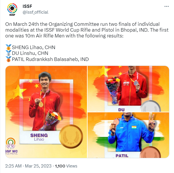 ISSF's tweet on March 25 about medalists in the men's 10m air rifle event. /@issf_official